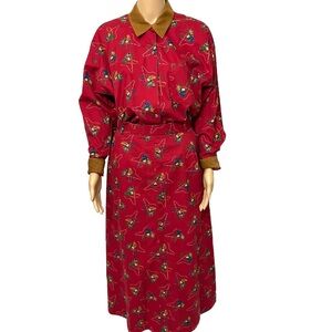 Susan Bristol Women Vintage Red Cotton Picnic Fishing Skirt Shirt Set size 8-10